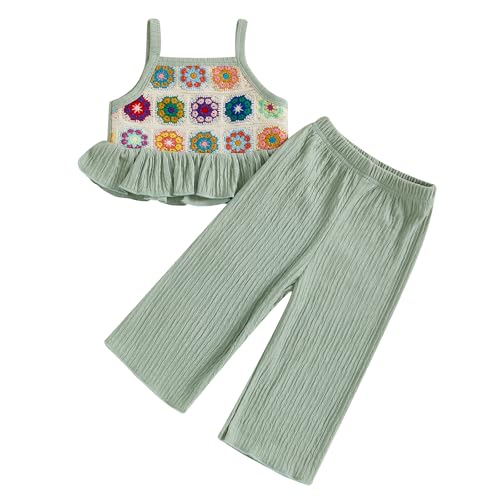Geagodelia Toddler Baby Girl Clothes Summer Outfits Sets Floral Crochet Plisse Camisole Top and Trousers (Colourful Floral Light Green, 12-18 Months)