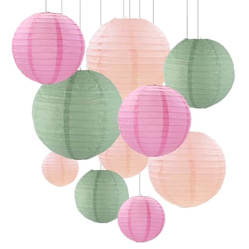 ZYOOO 10pcs Paper Lanterns 10/15/20/25cm Round Hanging Paper Lanterns Decoration for Boho Birthday Party Wedding Graduations Summer Garden Decoration(Sage Green Pink)