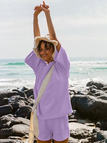 Image of Tankaneo Womens Short Sets 2 Piece Outfits 3 /4 Sleeve Tops and Elastic Waist Shorts Lounge Set Casual Loungewear