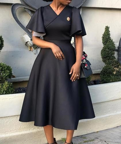 Image of SOMTHRON Women's Wrap V-Neck Ruffle Short Sleeve Midi Dress Elegant A Line Flowy Flared Cocktail Church Dress