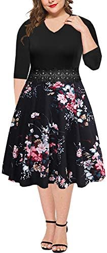 BEDOAR Women's 3/4 Sleeves Elegant Lace Embroidery Plus Size Flared A-Line Swing Casual Party Cocktail Dresses with Pockets(B013-3/4 Sleeve Black+Floral-18W)