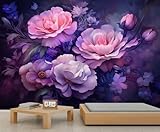 YEMYOR Wandbilder mit rosafarbenen Pfingstrosen, wilde violette Blume, Retro-Blume, Blatt, Seide, Wandbilder, abnehmbares Wandbild für Wohnzimmer, Schlafzimmer, 400 x 280 cm