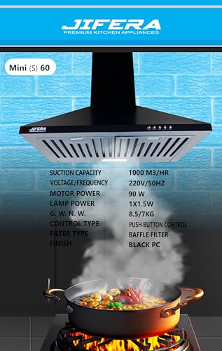 Image of Mini S 60 | MS Steel Kitchen Chimney | Push Button Control | Black Powder Coated | 1000 CMH | 5 Years Warranty on Motor