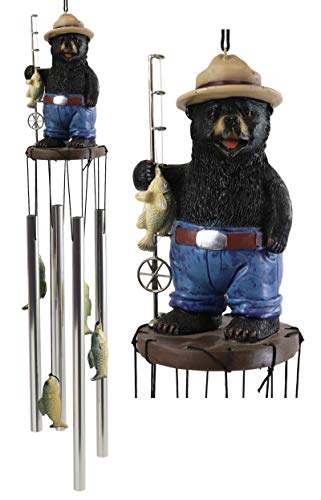 Ebros Gift Rustic Western Country Fishing Hillbilly Black Bear With Rod And Bass Figurine Crown Top Resonant Wind Chime With Miniature Ornamental Caught Fishes For Garden Patio Home Decorative Accent #TOP29