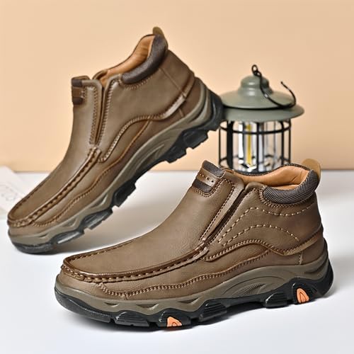 Image of MOSTELO Mens Slip On Casual Loafers Classic Outdoor Leather Walking Hiking Shoes Comfortable for Work Office Dress Outdoor High Top