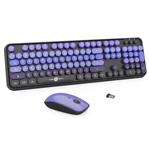 Image of Purple Retro Wireless Keyboard and Mouse Combo, Aesthetic Round Key Typewriter Keyboard with Creamy Typing Feel, 2.4Ghz Full Size Bubble Keyboard with Number Pad for Long Nails PC Laptop Desktop