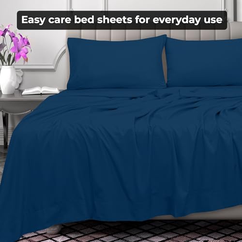 Image of Royale Linens Twin Flat Sheet - Ultra Soft Brushed 1800 Microfiber Flat Sheets Only - Wrinkle Free & Stain Resistant - Hotel Quality Top Sheet for Bed (Twin, Navy)