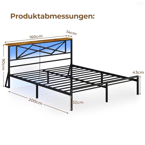 DICTAC Bettgestell 160x200 mit LED Beleuchtung Bett 160x200 mit Steckdose und USB-Ladefunktion &Holzkopfteil Metallbett mit Lattenrost aus Metall,Bettrahmen mit Stauraum unter dem Bett, Höche 32
