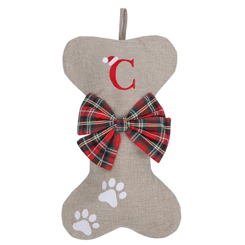 AUAWMLK Personalized 15in Letter Christmas Stocking Linen Style Bone Shaped Xmas Decorations for Pet Dogs(Letter C)