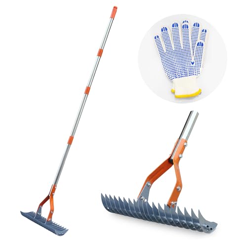 Thatch Rake 74-Inch Heavy Duty Metal Rake with Hardened Steel Tines for Efficient Lawn Thatch and Dead Grass Removal Detachable Handle Manual Dethatcher Rake for Yard and Landscape Maintenance