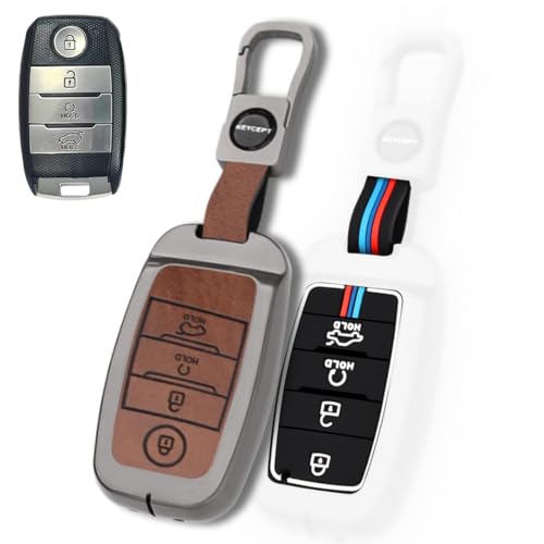 Image of KEYCEPT Metal Key Cover Compatible for Kia Seltos | Sonet | Carens 4 Button Smart Key with Keychain (Dual Black & Tan).