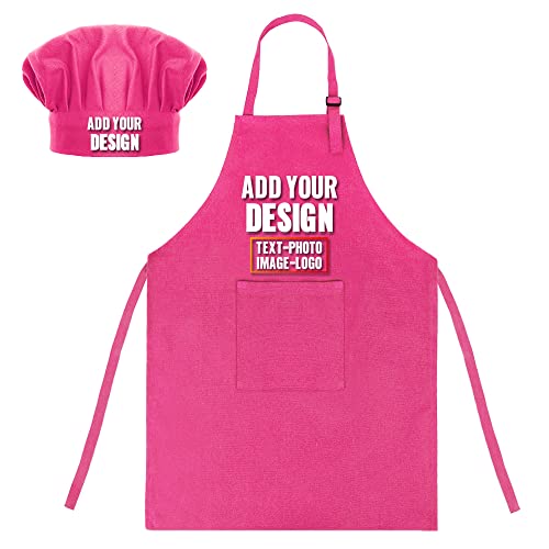 TopTie Custom Kids Apron and Chef Hat Set, Adjustable Cotton Child Cooking Kitchen Apron, S-XXL-Hot Pink-M