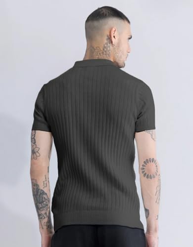 Image of Veirdo Men's Casual Ribbed Polo Collar Knit T-Shirt | Regular Fit Half Sleeve Polo for Men | Flat Knit Textured T-Shirt Perfect for Office, Party, Travel