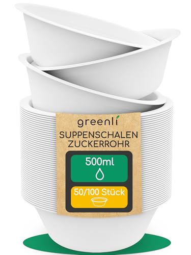 greenli® Einweg Suppenschalen 500ml - Nachhaltige Einwegschalen aus Zuckerrohr – 50 Suppenteller Einweg (weiß)