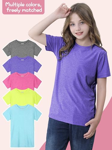 Image of QWE 5 Pack Girls Shirts Athletic Dry-Fit Shirts for Girls Short Sleeve Tshirts Kids Clothes Teens Tops