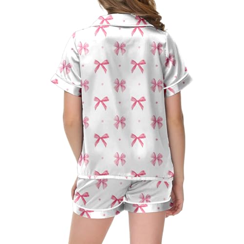 𝗚irls Bow Pajamas Sets 2 Piece Silk Satin Pink Puff Cute Preppy Clothes Button Down Short Sleeve 𝗞ids Sleepwear Pjs Sets3