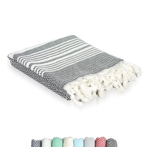 Gridal Premium Turkish Towel (Peshtemal) Hand Made, Natural & Vegan - Bath Towel & Beach Towel - 100% Cotton - Large: 37"X70" - Herringbone Pattern (Black) #TOP7
