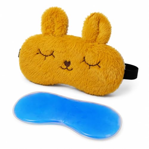 Image of Jenna Bunny Plush Eye Mask with Cooling Gel Pad | Soft Light-Blocking Blindfold with Comfortable Elastic Strap for Women and Girls, Ideal for Bedtime, Travel, Flights (Yellow)