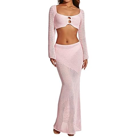 AvoDovA Women 2 Piece Skirt Outfits Hollow Out Long Sleeve Crop Top Bodycon Maxi Dress Summer Beach Sets (Pink, L) Cover