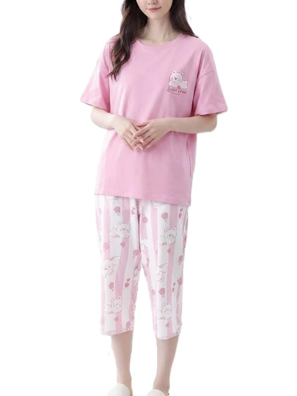 Korean Style Printed Lounge Set Soft Cotton Feel Relaxed T Shirt Pyjama Night Suit for Women-image-47