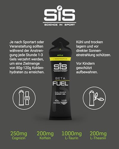 Science in Sport BETA Fuel + Nootropica Gel 30 x 60ml Apfel - Energiereich mit 40g Kohlenhydrate, Ideal geeignet für Ausdauersportler