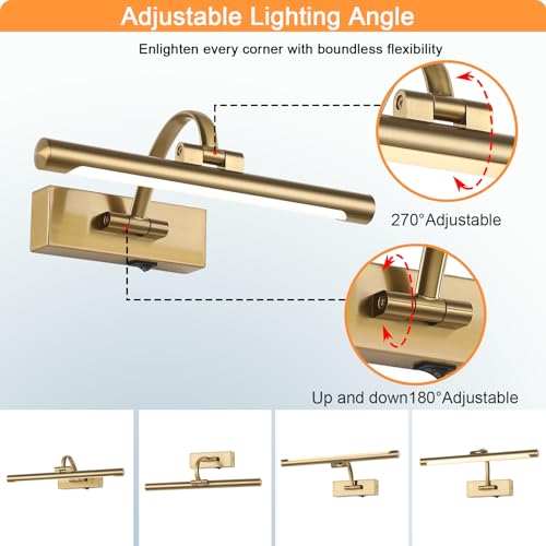 Image of Tassuowell Rechargeable Picture Light with Remote Control,12 Inch Brass Finish Adjustable Wireless Art Lighting Fixture,Painting Lights with Timer,3 Color Temperature and Dimmable