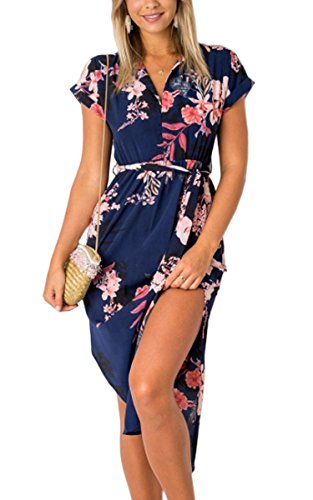 ECOWISH Womens Dresses Summer Casual V-Neck Floral Print Geometric Pattern Belted Dress Blue Large