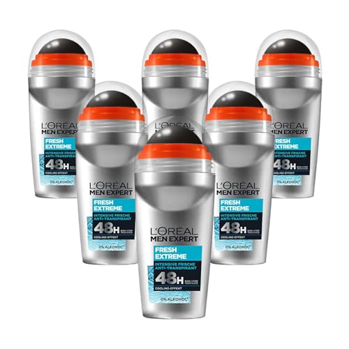 L'Oréal Men Expert Cooling Deodorant for Men, Intensive Deodorant for 48 Hours, Ultra Cooling Effect, Fresh Extreme, 6 x 50 ml