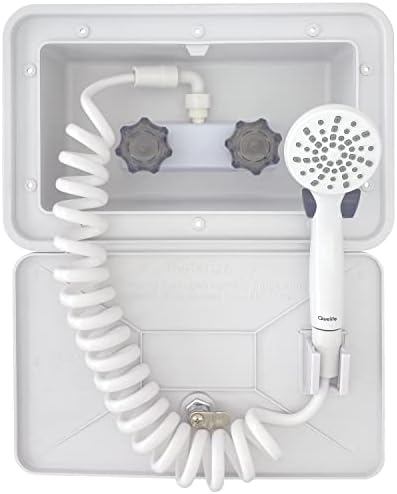 Awelife RV Outdoor Shower Exterior Shower Box Kit Coiled Hose for RV, Camper, Van, Travel Trailer, Motorhome and Boat, White