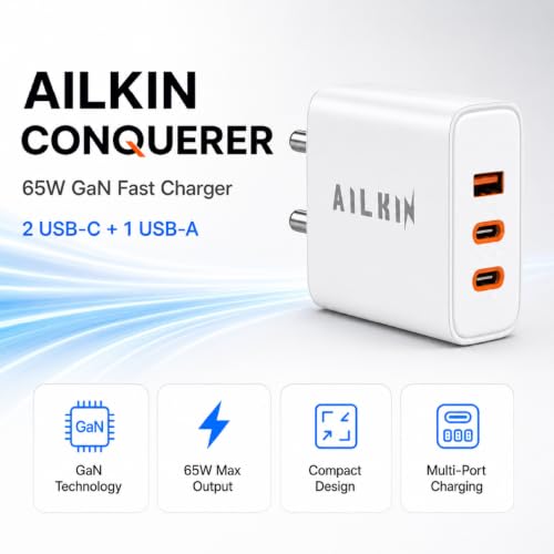 Image of Ailkin 65W GaN Charger | Triple Port High-Speed PD 3.0 & PPS Fast Charging Adapter, 2 x Type C PD Port,1 x USB-A Port | Compatible with iPhone 17 /16 /15, Laptops, Smartphones, Tablets, MacBooks, iPads