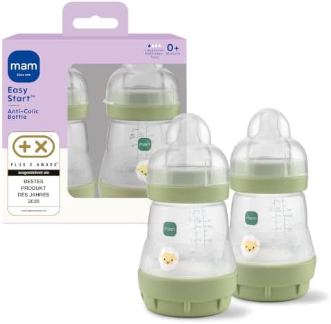 MAM Easy Start Anti-Colic Babyflasche 2x 160 ml, 0+ Monate, Gr. 1, Schaf | Selbst-sterilisierend in der Mikrowelle in 3 Min, Anti-Kolik-Bodenventil, brustähnlicher SkinSoft Sauger,