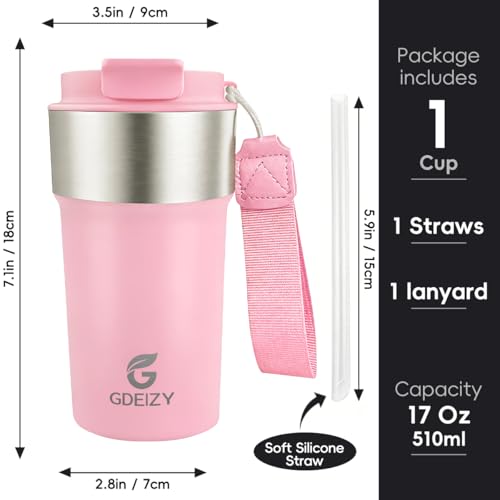 Image of Insulated Travel Coffee Mug, 17oz Stainless Steel Leakproof Flip Straw Cup