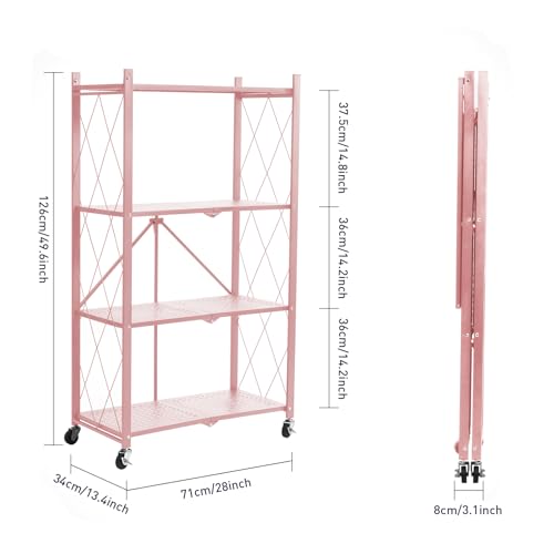 Image of BRIAN & DANY 4-Tier Foldable Storage Shelves with Wheels, Folding Metal Rack Shelving Unit, Heavy Duty No Assembly Organizer Shelf for Garage, Kitchen, Basement, Pantry, Pink
