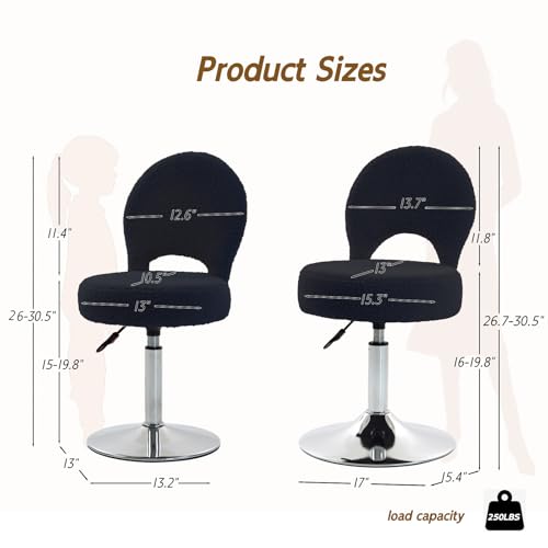 Image of Adjustable Small Vanity Stool Chair with Folding Back for Teenager | 360 Swivel Vanity Chair for Makeup | Teddy Fabric Ottoman Stool for Bedroom Living Room | Small | Black