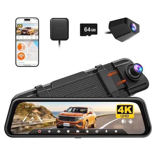 WOLFBOX M40 10'' Mirror Dash Cam, 4K+1080P Rear View Camera, Front and Rear Dual Cameras with ADAS/BSD, Voice Control, Built-in WiFi, Includes 64GB Card & GPS
