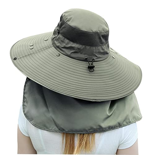 Image of Women Wide Brim Face Mask Sun Hat Detachable Neck Face Flap Ponytail UV Protection Visor Hat Garden Fishing Hiking