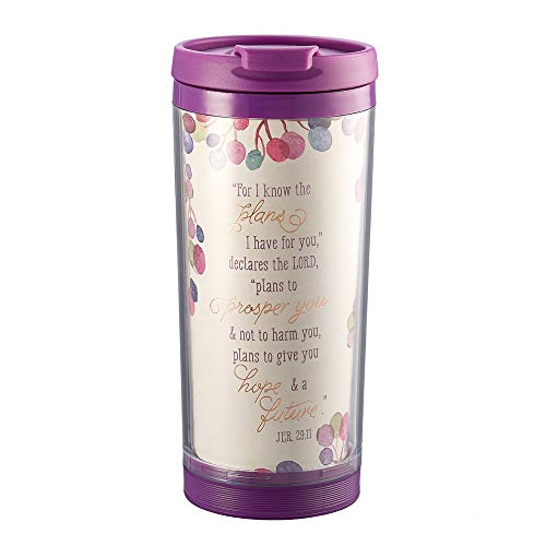 I Know The Plans 9 oz Insulated Break Resistant Polymer Travel Coffee Mug Tumbler with Design Wrap, Pop-Open Lid in Purple - Jeremiah 29:11
