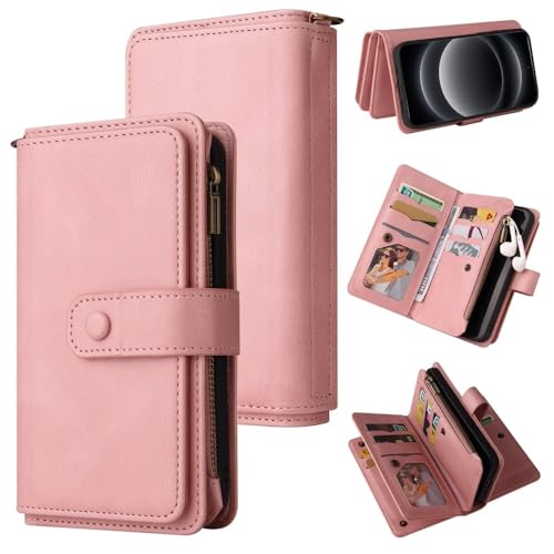 Étui portefeuille rose pour Redmi Note 14 Pro Plus avec fermeture éclair et 15 fentes cartes