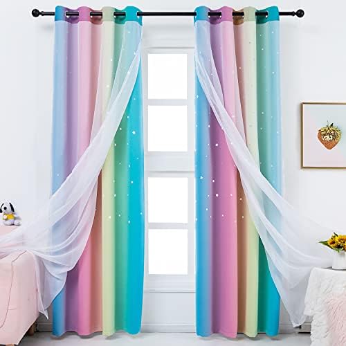 Anjee Star Curtains for Kids 2 in 1 Double Layer Blackout Curtains Grommets Top Star Cutout Ombre Rainbow Curtains with Sheer for Living Room Girls Bedroom 2 Panels in 52 x 63 inch, Pink and Yellow