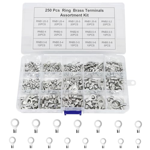 KOXXIAMOQ 250-teiliges Rohrklemmen-Set Klemmen-Set Set mit nicht isolierten Ringklemmen Batterieklemmen aus Messing 0 51 5 mm 1 52 5 mm 2 54 mm 46 mm (O)