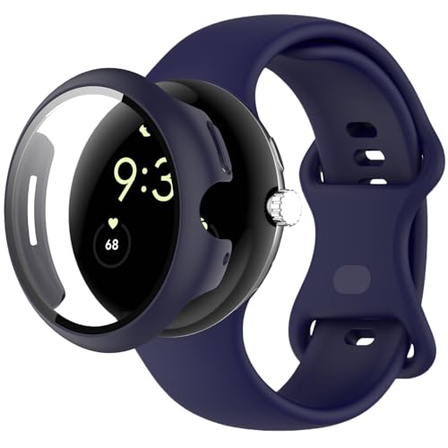 QHBAMD Compatible for Google Pixel Watch 3 41mm 45mm Watch Band with Case, Protection Cover Soft Silicone Breathable Strap for Pixel 3 Watch Men Women (Midnight Blue,41MM)