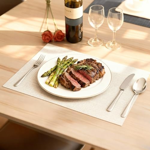 Beige Placemats Set of 4-Easy Clean for Dining Table,Heat Resistant Non-Slip Place Mats, Washable Durable Anti-Slip PVC Vinyl Woven Table Mats (Beige, 4)