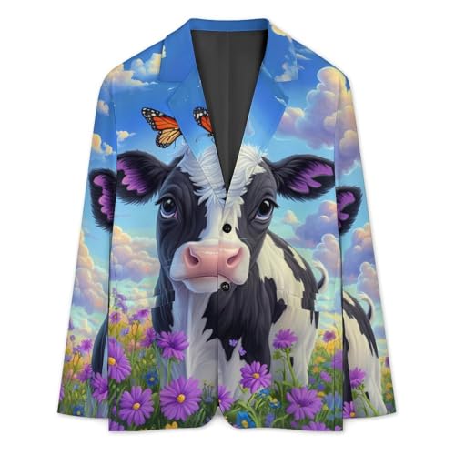 Cow Florals Butterfly Men's Slim Suit Long-Sleeve Prom Tuxedo Classic Two Button Business Jacket3
