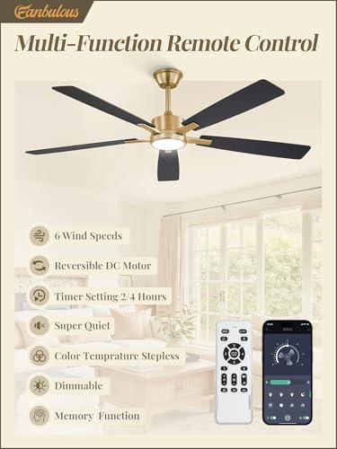Image of Fanbulous 60 Inch Black and Gold Ceiling Fans with Lights and Remote, Stepless Color Temperature Change & Dimmable 20W LED Ceiling Fan, 6 Speeds Reversible Quiet DC Motor for Bedroom, Living Room