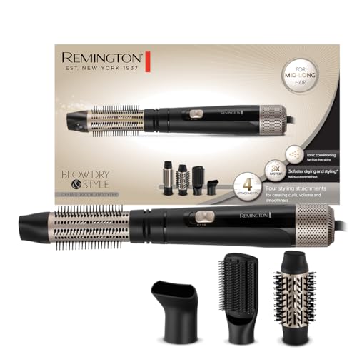Remington Warmluftbürste [inkl. 4 Aufsätze: 38mm&50mm Rundbürste, Stylingdüse, Flachbürste] Blow Dry&Style (Locken,Volumen&glatte Styles für mittellanges Haar) Ionenpflege, Abkühlstufe, 1000W, AS7500