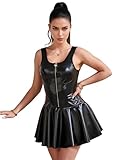 ohyeah Faux Leather Lingerie Dress Black Plus Size Mini Dress Rave Outfits for Women Pleated Scoop Neck Clubwear XL