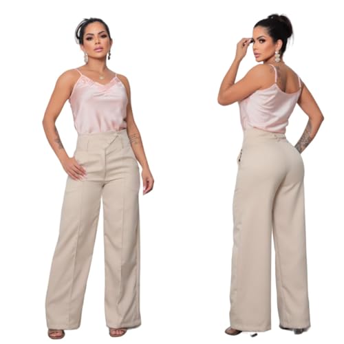 Calça Flare Alfaiataria Com Bolsos E Botão Forrado R127 (BEGE, G)