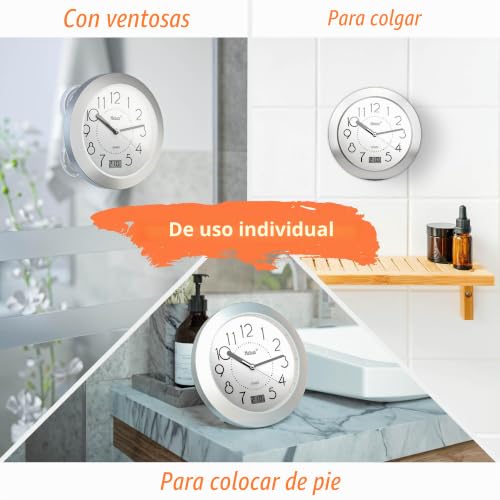Miniatura 5 de Reloj De Baño De Cuarzo Con Pantalla Digital, Marco De Aluminio, Ventosas, Esfera Blanca, Modelo 41964, Preciso Y Funcional, Color Blanco