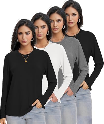 1/4 Pack Womens Long Sleeve Shirts Tops Loose Fit Basic Crew Neck Tee T Shirts Ultra Soft Blouses Tops