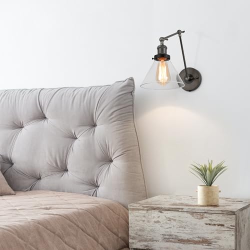 Image of LALUZ Black Glass Wall Sconces Lighting, Modern Industrial Swing Arm Plug in or Hardwired Adjustable Wall Lamp with Brushed Silver Finish for Bedroom, Kitchen, and Living Room